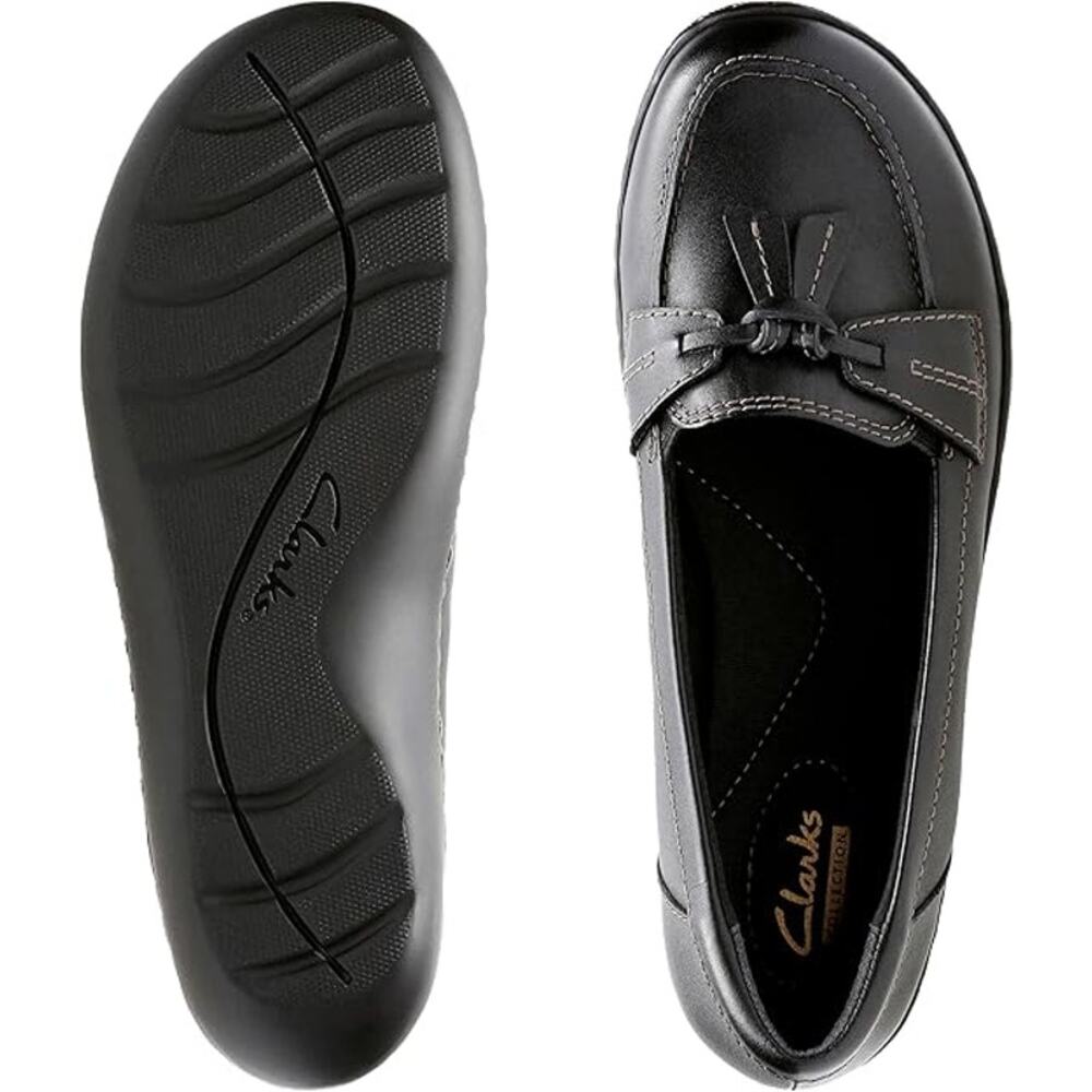 CLARKS ASHLAND BUBBLE LOAFERS TASSEL BLACK LEATHER SLIPON WOMEN'S 8.5